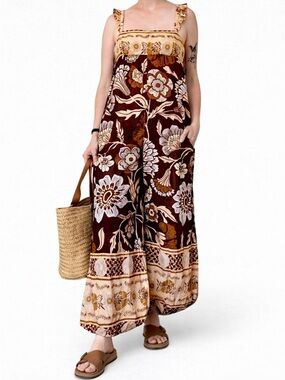 Free People Brown Floral Wide-Leg Jumpsuit with Cream Accents